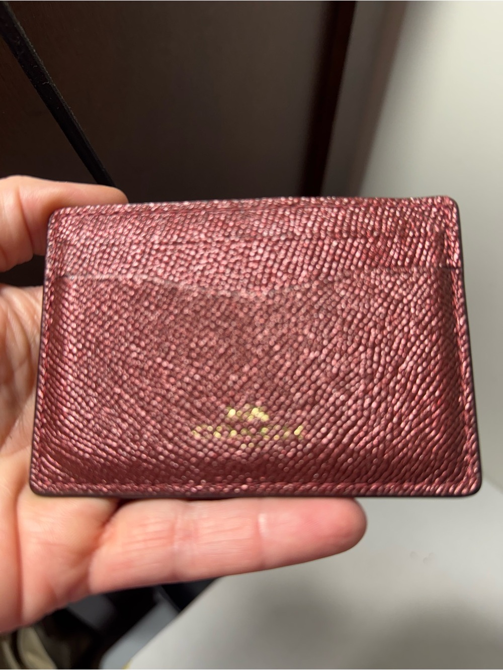 Coach Metallic Burgundy Pebbled Leather Card Holder with Gold Logo